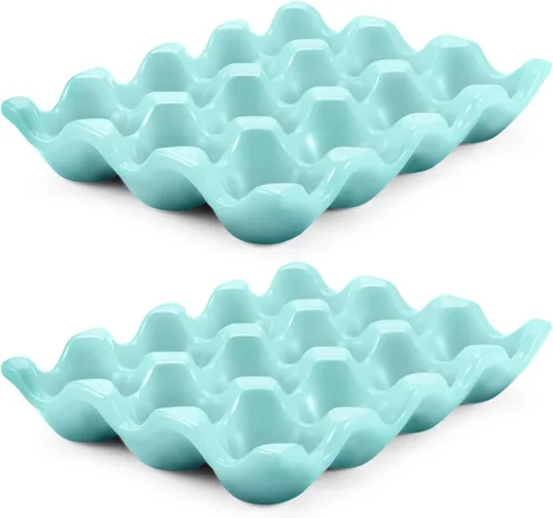 Miniatura 22 de Flexzion Organizador de huevos cerámico para nevera - Bandeja de huevos de 6 tazas, contenedor de porcelana para media docena, organizador de Gris