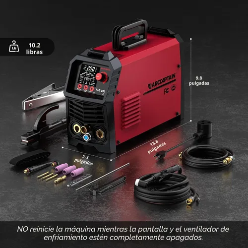Miniatura 7 de ARCCAPTAIN DC 5 en 1 Soldador TIG con pulso, 200Amp DC 5 en 1 HF/Lift/Pulse/Spot TIG & Stick, 110V/220v Pantalla digital LED de doble voltaje