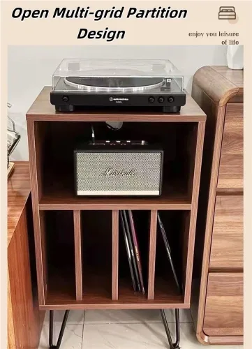 Miniatura 4 de Soporte para tocadiscos de madera, mesa de tocadiscos de gran capacidad, gabinete de almacenamiento abierto para medios, adecuado para sala