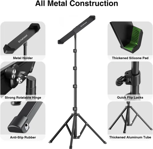 Miniatura 8 de elitehood Trípode de aluminio resistente para tableta, soporte de trípode ajustable para iPad con inclinación giratoria de 360 grados, soporte