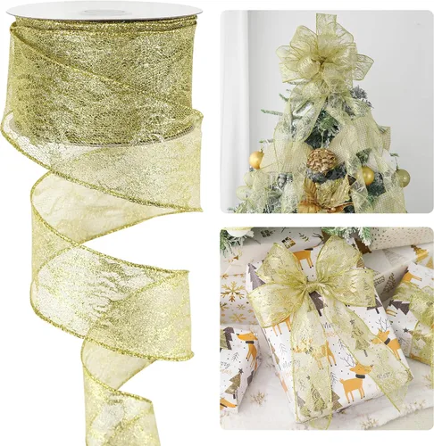 HUIHUANG Cinta de encaje con alambre para árbol de Navidad, 2.5 pulgadas x 25 yardas, cinta de alambre con purpurina dorada para árbol de Navidad,
