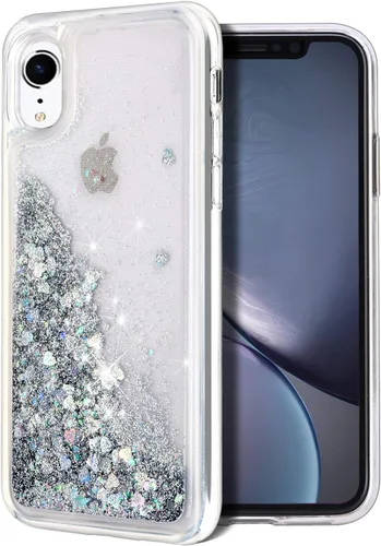 Miniatura 10 de Funda protectora para iPhone XR, diseño de doble capa, líquido flotante flotante con purpurina colorida en cascada de TPU, color azul