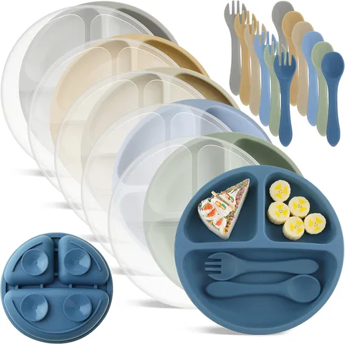 Miniatura 9 de Meanplan Paquete de 6 placas de succión para niños pequeños con tapas, juego de platos de silicona de grado alimenticio, diseño dividido, apto