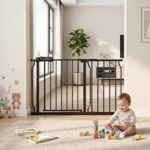 Miniatura 17 de Puerta extra ancha para bebé, puertas de seguridad extra altas para interiores, metal negro, gran montaje a presión, puerta para mascotas, puerta