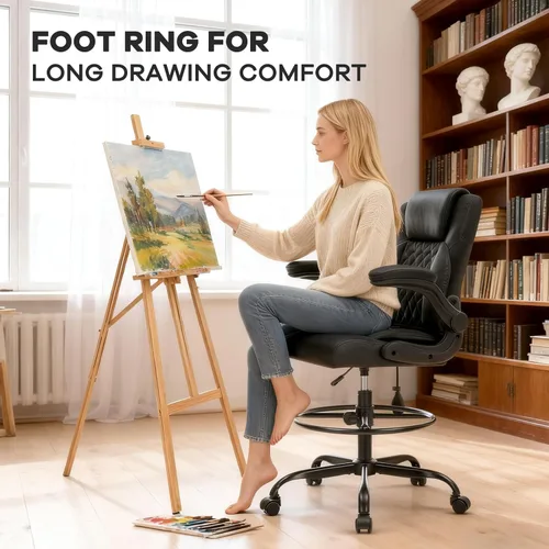 Miniatura 6 de Silla de dibujo de cuero, silla de oficina alta para escritorio de pie, silla de oficina de alto ejecutivo con soporte lumbar inflable, altura