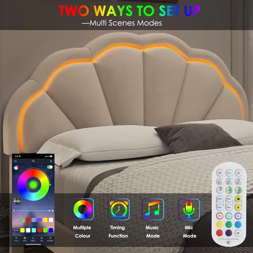 Miniatura 4 de HIFIT Marco de cama LED inteligente tapizado completo con cabecera ajustable de pétalos elegantes, marcos de cama de plataforma de tamaño completo