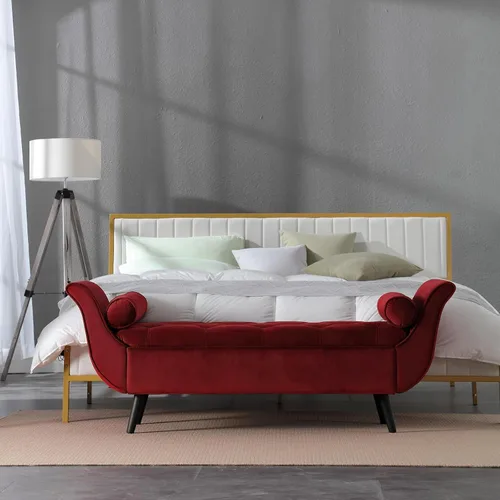 Miniatura 6 de Banco de almacenamiento de terciopelo para dormitorio, banco de extremo de cama con otomana, bancos tapizados con botones capitoné tamaño King