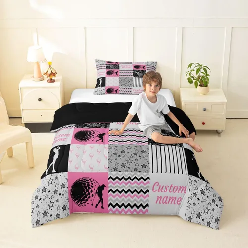 Miniatura 23 de Juego de edredón de softbol personalizado, juego de ropa de cama de retazos a cuadros para niños y niños, edredón de bate de béisbol, juego