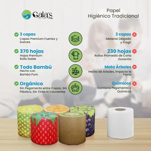 Miniatura 8 de Gaia's Premium y suave papel higiénico de bambú orgánico con aroma a fruta 12 mega rollos, 3 capas, 370 hojas Certificado FSC, libre de PFAS