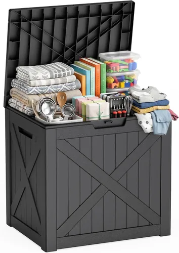 Miniatura 27 de EasyUp Caja de almacenamiento al aire libre de 30 galones, caja de resina para muebles, herramientas de jardín, cajas de almacenamiento exteriores