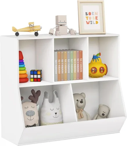 Kids Bookshelf and Toy Organization,5 Cubby Open Wooden Playroom Organization and Storage, Toddler Bookshelf for Kid’s Room Bedroom Nursery White