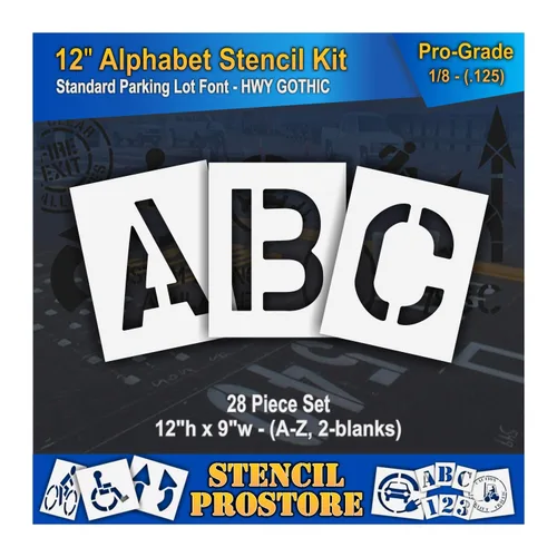Juego de plantillas para pavimento de 12 pulgadas, kit de plantillas de alfabeto (28 piezas) - 12 x 9 x 1/8 pulgadas (128 mil) - Grado profesional