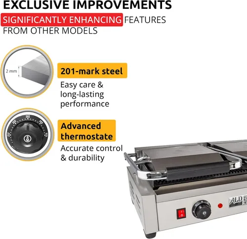 Miniatura 4 de ALDKitchen Prensa doble Panini Máquina para hacer sándwiches Placas acanaladas de hierro fundido Control ajustable Antiadherente 110 V