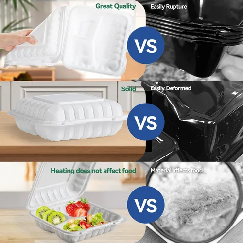 Miniatura 5 de Contenedores de Alimentos de 8" 34 oz Paquete de 55 - Plástico PP Relleno de Minerales 3 Compartimentos Envuelto en Plástico Retráctil Grado
