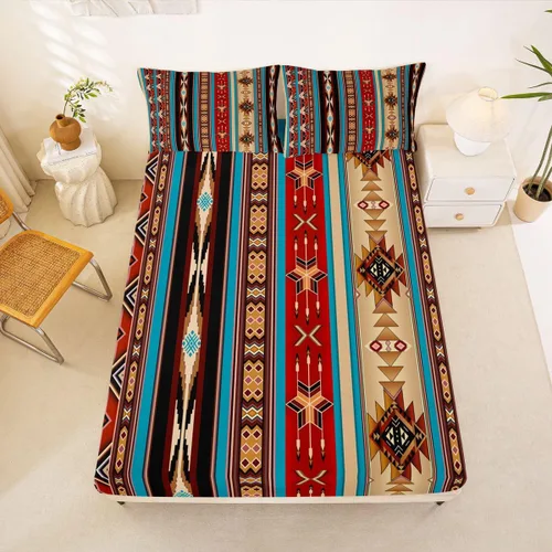 Miniatura 37 de Juego de ropa de cama de estilo bohemio occidental, tamaño individual, diseño de vaca atrapasueños, sábana bajera ajustable del suroeste, tribu