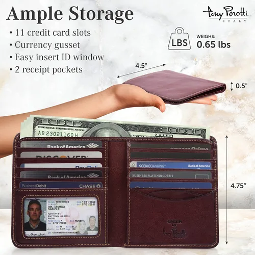 Miniatura 2 de Tony Perotti Men's Italian Leather Bifold Wallet With Card Holders, Pockets, ID Window - Eco-Friendly Vegetable-Tanned