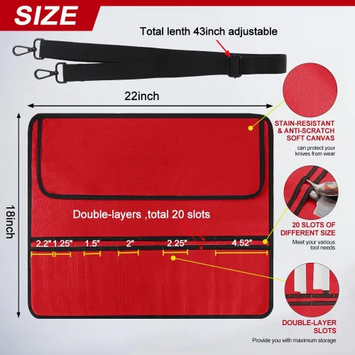 Miniatura 2 de QIQU Bolsa Roja para Cuchillos de Chef con 20 Ranuras Portacuchillos Protectores de Cuchillería, Herramientas de Cocina para el Hogar Viajes Cocina