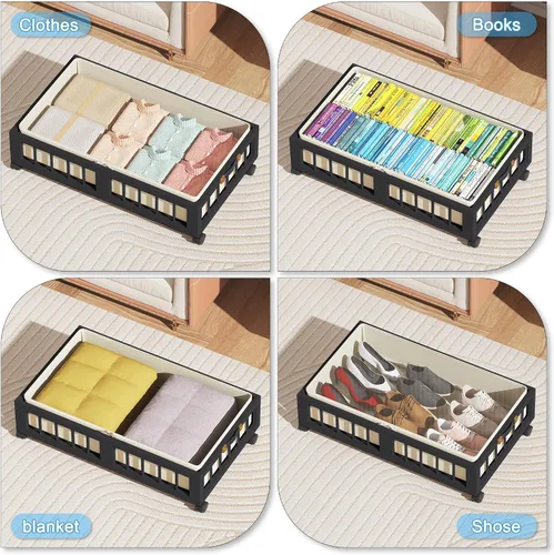 Miniatura 4 de efluky Paquete de 2 contenedores de almacenamiento de bambú debajo de la cama con ruedas, cesta de almacenamiento de ropa debajo de la cama
