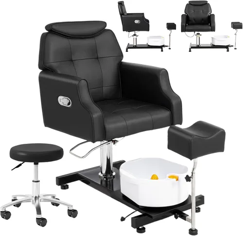 OmySalon Silla de pedicura con taburete y baño de pies de masaje de burbujas, rotación de 360°, asiento hidráulico ajustable, estación Pedi para