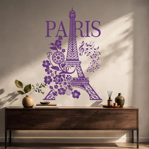 Miniatura 4 de Vinilo París Torre Eiffel Romántico Notas Musicales Flores Pegatinas Mural Decoración Grande (g4977) Negro