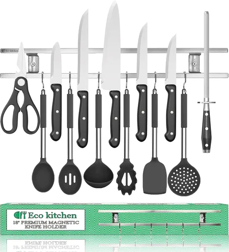 Soporte magnético para cuchillos de pared, tira magnética de acero inoxidable de 18 pulgadas, soporte magnético para cuchillos de pared con ganchos