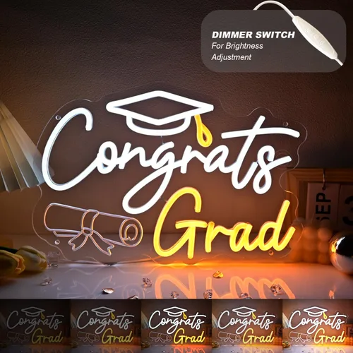 Miniatura 2 de Britrio Letrero de neón con texto en inglés "Congrats Grad" para graduación, celebración, fiesta, decoración iluminada, clase de 2026