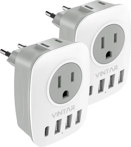 Paquete de 2 adaptadores de enchufe de viaje europeo, VINTAR Adaptador de enchufe de alimentación internacional con 1 USB C, 2 salidas americanas y