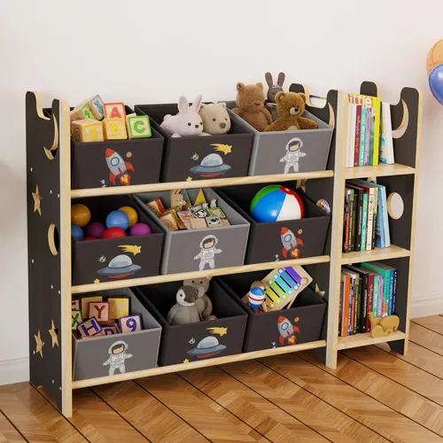 Miniatura 10 de Organizador de almacenamiento de juguetes con 3 estantes y 9 contenedores, estantería de castillo rosa y estantería para niños, estante de juguetes