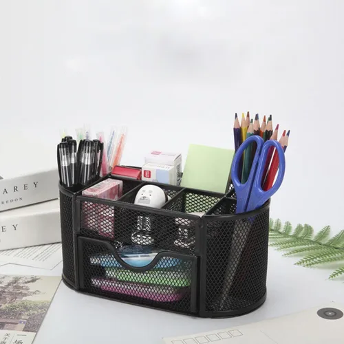 Miniatura 5 de Organizador de escritorio de malla, suministros de oficina, multifuncional, con 8 compartimentos y 1 cajón para oficina, hogar, escuela, aula
