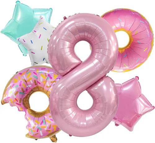 Miniatura 10 de Decoraciones de dona para el primer cumpleaños, suministros de decoración de fiesta de cumpleaños para niñas, 40 pulgadas, color rosa, 6 globos