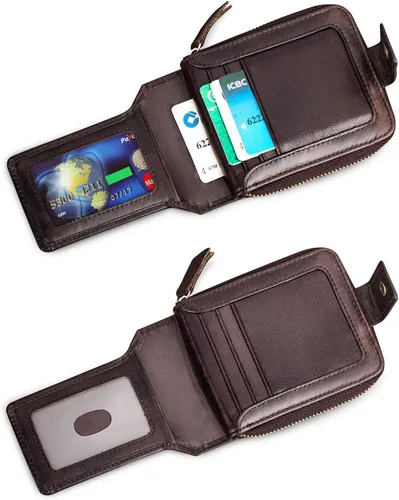 Miniatura 5 de BAIGIO Billetera de cuero genuino con cremallera alrededor de RFID bloqueo billetera plegable vintage multi tarjetero monedero, Café oscuro, Cartera