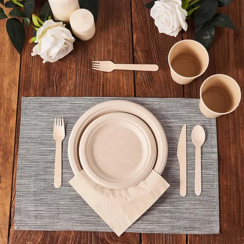 Miniatura 2 de FULING Juego de vajilla biodegradable de 350 piezas, platos de cena desechables, cubiertos de madera, servilletas, material a base de plantas, apto