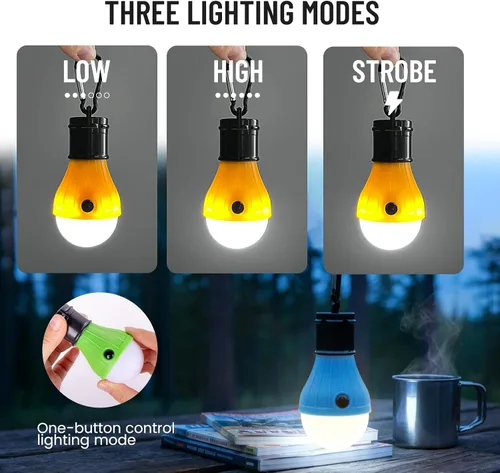 Miniatura 8 de Juego de 4 faroles LED para campamento, luces portátiles para tienda de campaña con ganchos de clip y 3 modos (alto/bajo/estroboscópico), lámpara