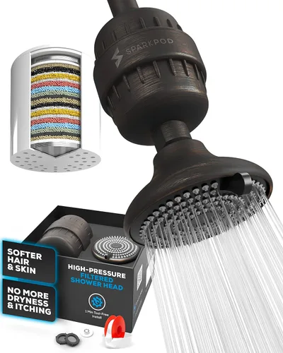 Miniatura 9 de SparkPod Cabezal de ducha filtrado de 23 etapas con 3 ajustes de pulverización, cabezal de ducha de alta presión con filtros para cabello y piel