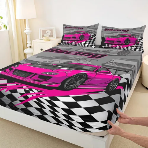 Miniatura 9 de Silver Race Cars - Sábana bajera ajustable para niños, tamaño individual, diseño de bandera de carreras en blanco y negro, decoración de habitación