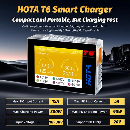 Miniatura 3 de HOTA T6 RC 1S 2S 3S 4S 5S 6S Lipo cargador de batería, cargador de batería inteligente RC con entrada dual XT60/PD de 300 W, cargador compacto