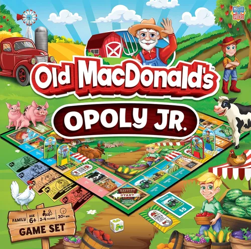 MasterPieces Juegos de mesa para niños y familias - Old MacDonald's Farm Opoly Jr. - Juegos de mesa con licencia oficial para niños y familia