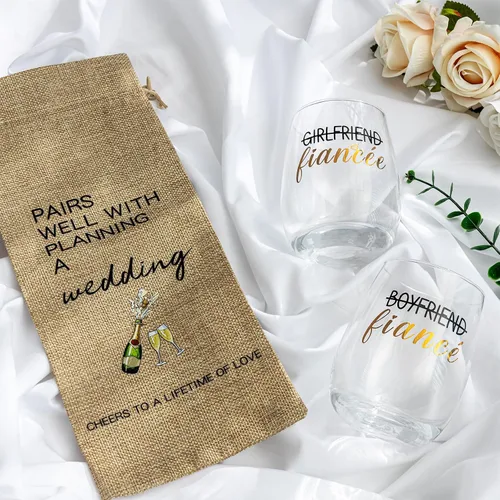 Miniatura 2 de Regalos de compromiso para parejas, juego de copas de vino y bolsas recién comprometidas, regalos de prometido para mujeres, su novia, decoraciones