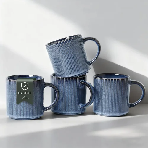Miniatura 13 de MONITO Juego de 6 Tazas de Café de 16 Oz, Juego de Tazas de Café de Cerámica Rústica con Mango Grande, Vintage, Tazas de Café de Gres Rayadas