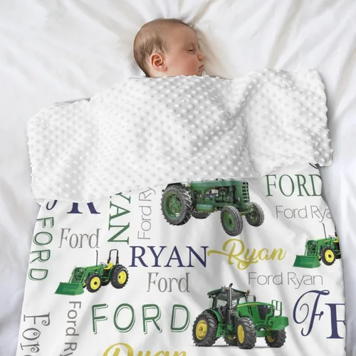 Miniatura 2 de Manta de bebé personalizada con tractor de granja, manta personalizada con nombre de doble capa, manta de felpa suave con respaldo punteado, manta