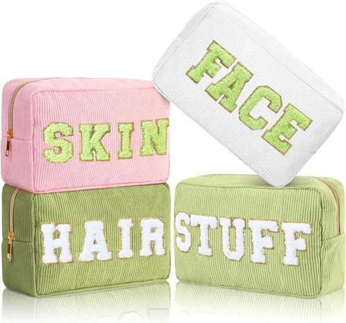Miniatura 13 de Pinkunn 4 Piezas Bolsas de Maquillaje Preppy Bolsas de Chenilla con Letras de Viaje Organizador Facial Piel Cabello Higiene Cosmética Bolsa de Aseo