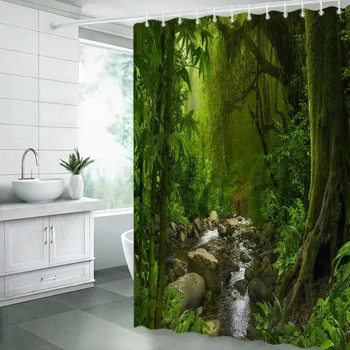 Miniatura 2 de Cortina de ducha de selva tropical, verde selva, bosque, arroyo, plantas exóticas, naturaleza primitiva, naturaleza, paisaje botánico, decoración