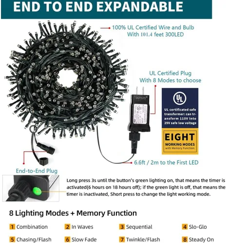 Miniatura 2 de Guirnalda de luces de Navidad con enchufe de extremo a extremo, 8 modos, 108 pies, 300 LED, IP55, impermeable, con certificación UL