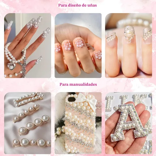 Miniatura 5 de Kit de 2700 perlas con parte trasera plana, 1 caja de color blanco con parte trasera plana + 1 caja de perlas pequeñas de color beige medio redondo