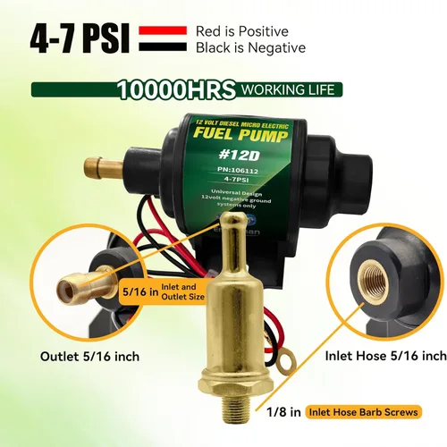 Miniatura 3 de 12D Bomba de combustible eléctrica diesel micro universal de 5/16 pulgada de entrada y salida 12V 1-2 A, 35 GPH, 4-7 PSI 4-7PSI 35 GPH para diesel