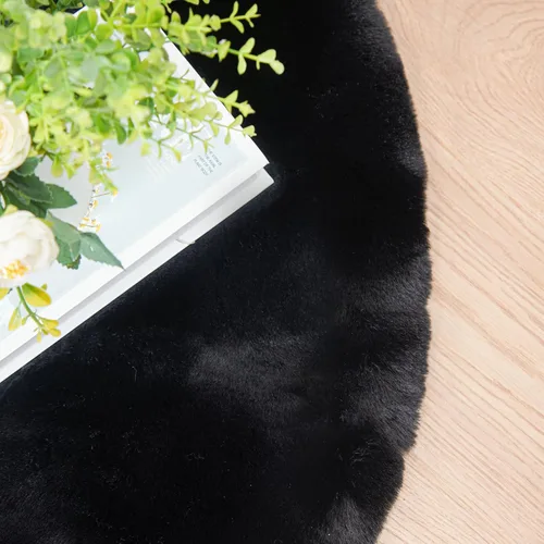 Miniatura 8 de ORINOVA Alfombra de piel peluda de conejo negro para dormitorio, alfombra circular lavable para sala de estar, alfombra redonda pequeña de 3 pies