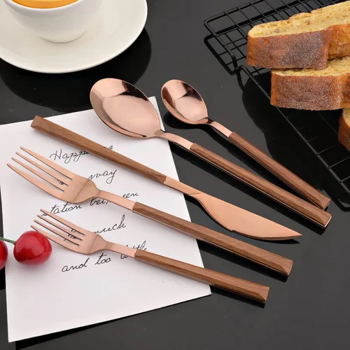 Miniatura 3 de JASHII Juego de cubiertos de mango de madera, 20 piezas de cubiertos de acero inoxidable, pulido con espejo, juego de cucharas y tenedores