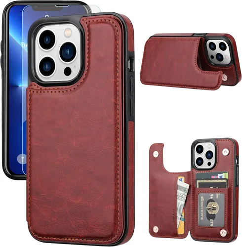 Miniatura 14 de Funda tipo cartera compatible con iPhone 13 Pro de 6.1 pulgadas, funda protectora delgada con tarjetero, piel sintética de alta calidad, ranuras