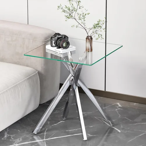 Miniatura 9 de Mesa auxiliar pequeña de vidrio con patas de metal negro, moderna mesa auxiliar cuadrada de vidrio templado transparente con diseño elegante