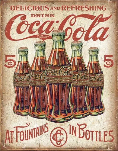 Desperate Enterprises Coca Cola - Cartel de lata retro de 5 botellas de coca cola, nostálgica decoración de pared de metal vintage, fabricado en